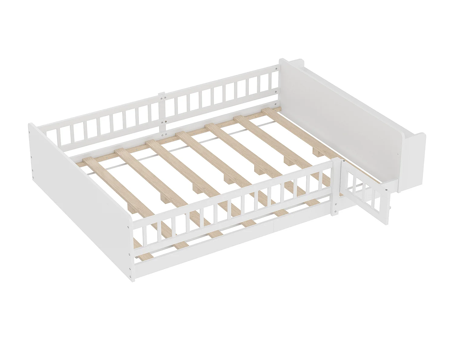 Lit enfant 140x190cm en Pin Naturel, blanc, Sécurité et étagères Intégré, sans matelas