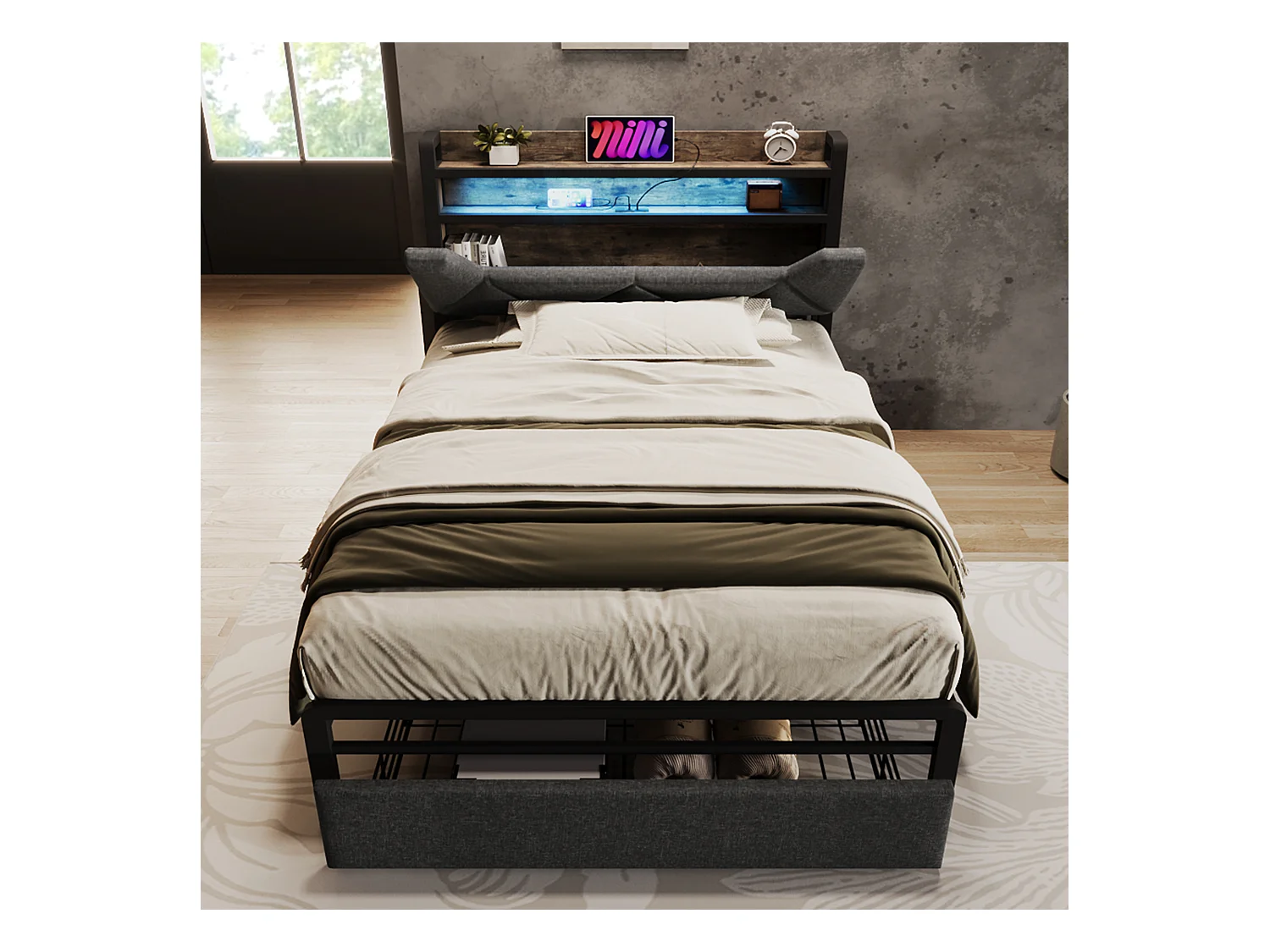 Lit adulte 90x200cm en lin avec LED + USB Type-C, éclairage, avec tiroirs de rangement, gris, sans matelas