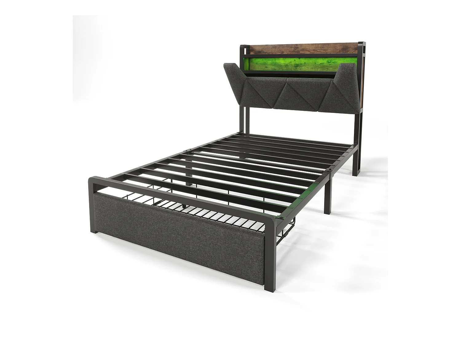 Lit adulte 90x200cm en lin avec LED + USB Type-C, éclairage, avec tiroirs de rangement, gris, sans matelas