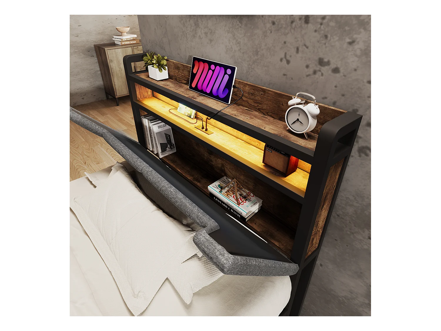 Lit adulte 90x200cm en lin avec LED + USB Type-C, éclairage, avec tiroirs de rangement, gris, sans matelas