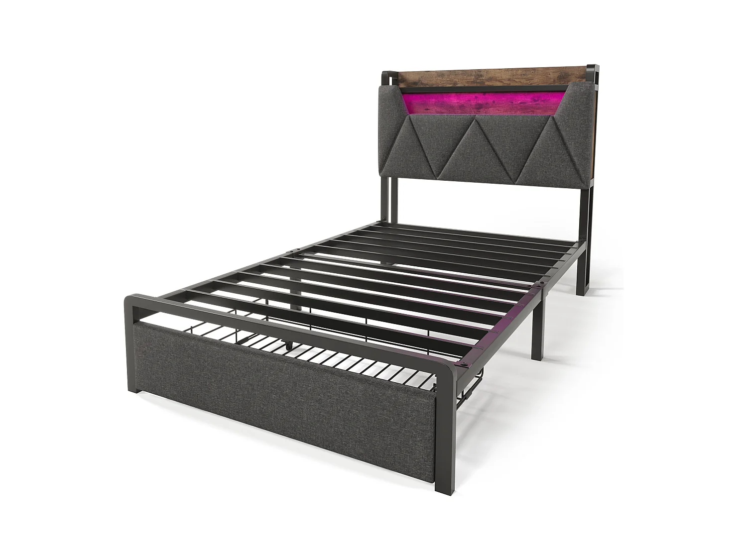 Lit adulte 90x200cm en lin avec LED + USB Type-C, éclairage, avec tiroirs de rangement, gris, sans matelas