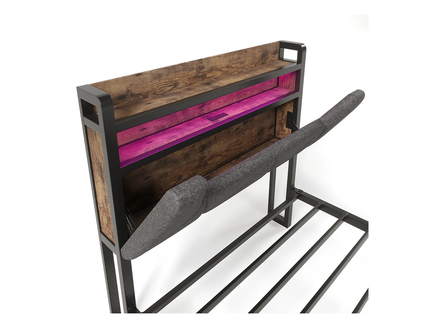 Lit adulte 90x200cm en lin avec LED + USB Type-C, éclairage, avec tiroirs de rangement, gris, sans matelas