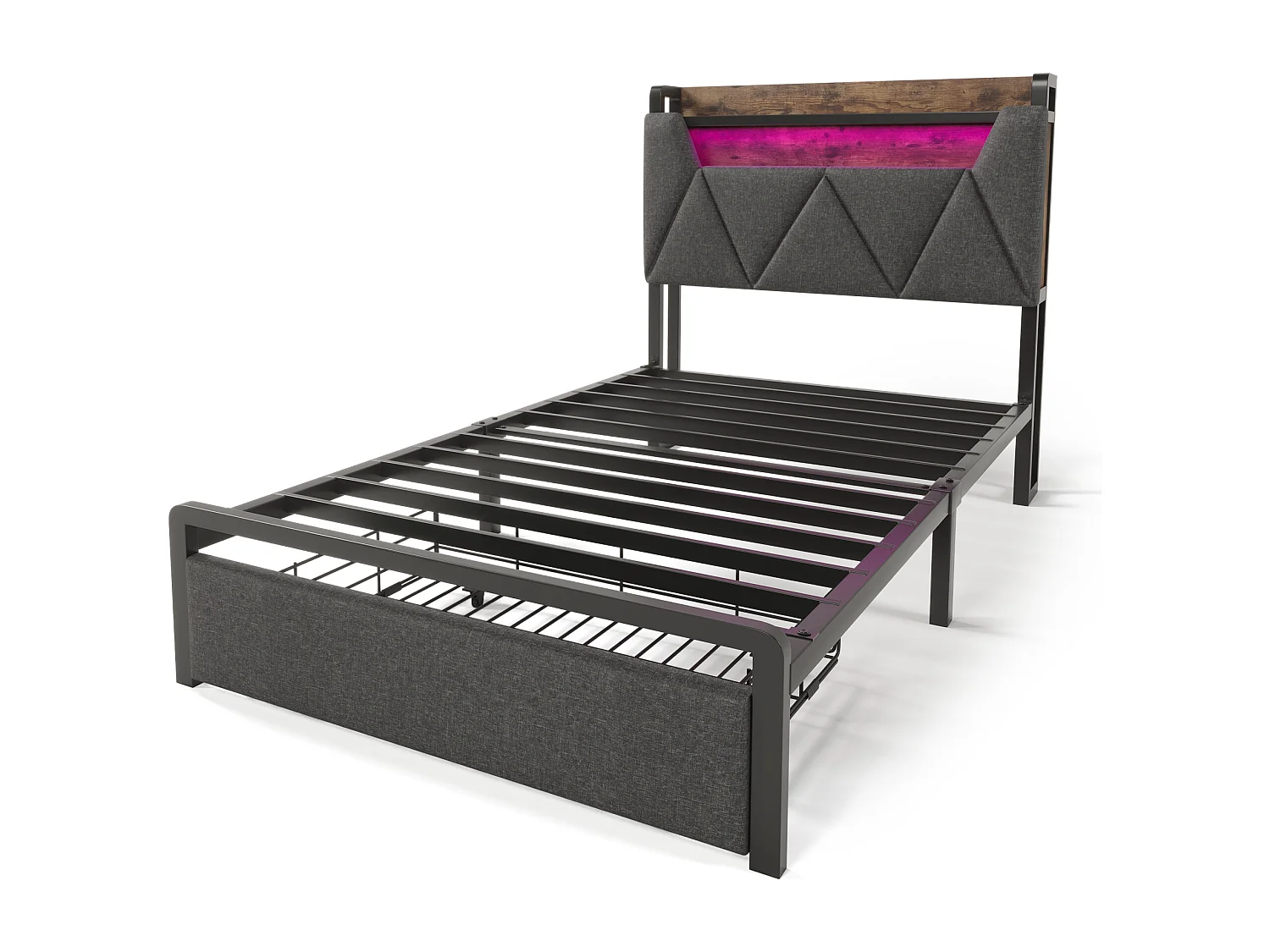 Lit adulte 90x200cm en lin avec LED + USB Type-C, éclairage, avec tiroirs de rangement, gris, sans matelas