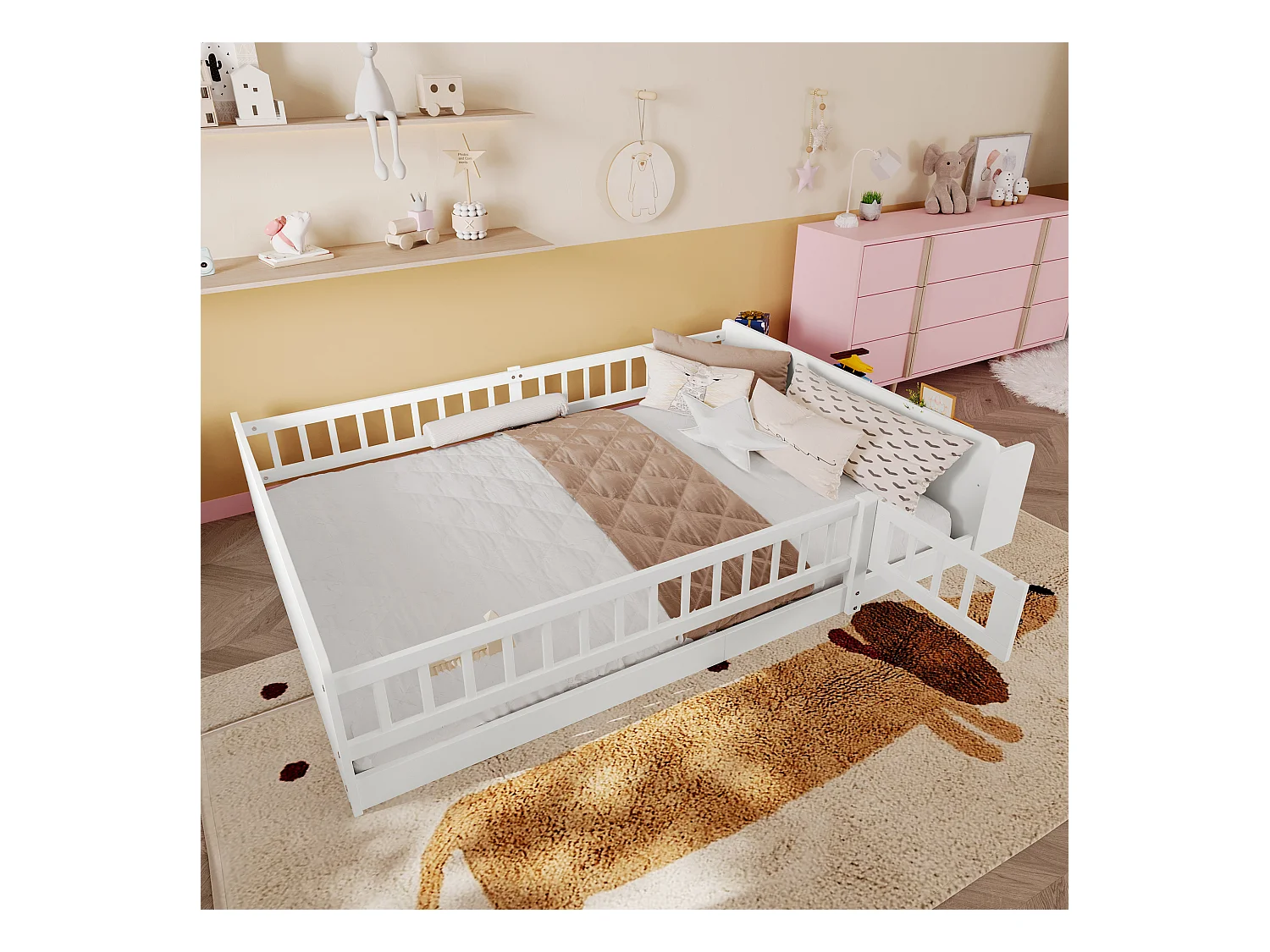 Lit enfant 90x200cm en Pin Naturel, blanc, Sécurité et étagères Intégré, sans matelas