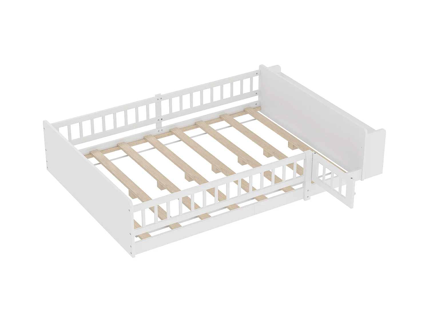 Lit enfant 90x200cm en Pin Naturel, blanc, Sécurité et étagères Intégré, sans matelas