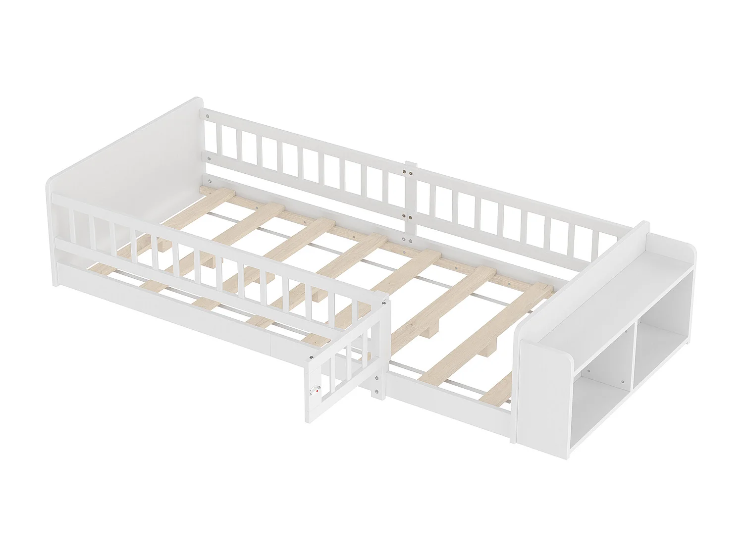 Lit enfant 90x200cm en Pin Naturel, blanc, Sécurité et étagères Intégré, sans matelas