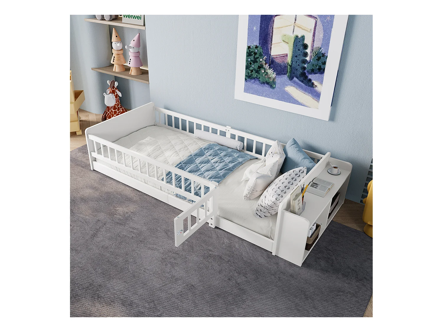 Kinderbed 90x200 cm van grenenhout, wit, met veiligheid en geïntegreerde planken, zonder matras
