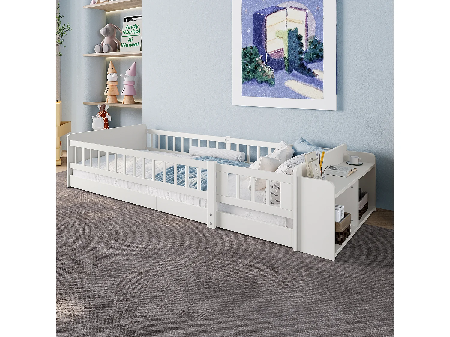 Lit enfant 90x200cm en Pin Naturel, blanc, Sécurité et étagères Intégré, sans matelas