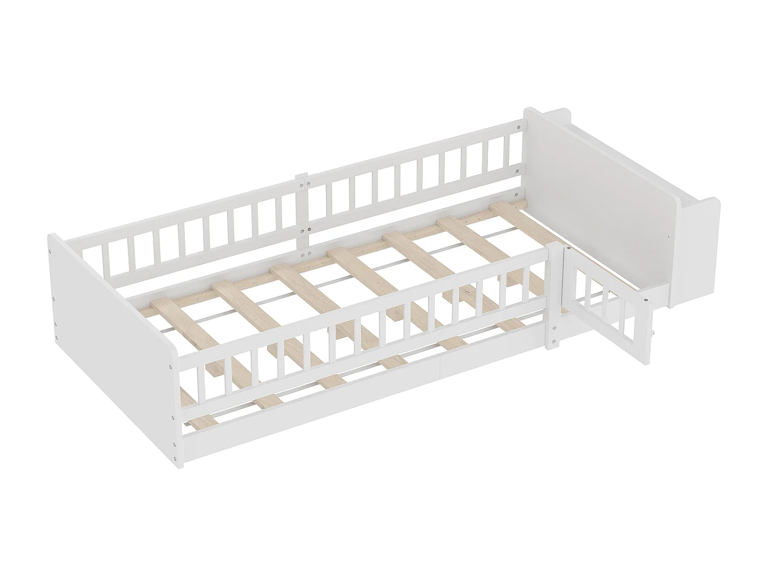 Lit enfant 90x200cm en Pin Naturel, blanc, Sécurité et étagères Intégré, sans matelas