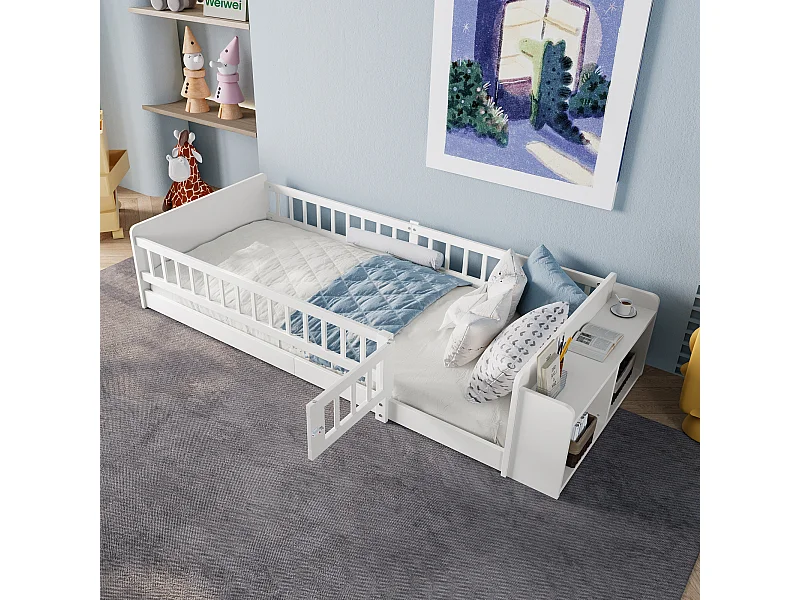 Lit enfant 90x200cm en Pin Naturel, blanc, Sécurité et étagères Intégré, sans matelas