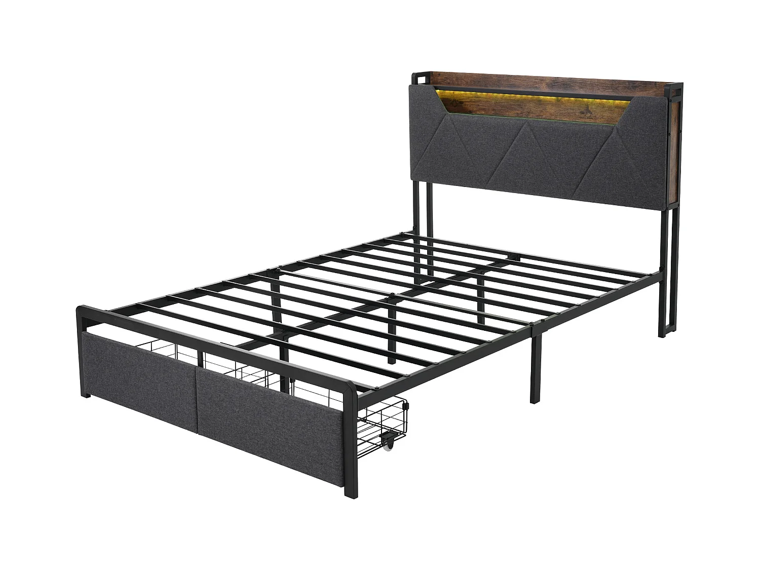 Lit adulte 140x200cm en lin avec LED + USB Type-C, éclairage, avec tiroirs de rangement, gris, sans matelas