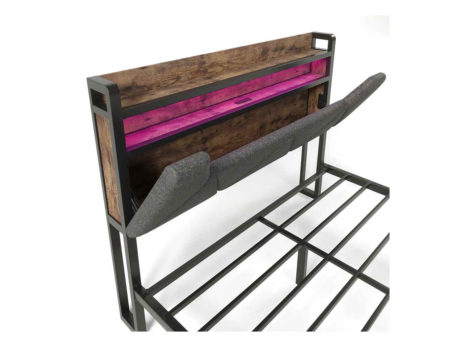 Lit adulte 140x200cm en lin avec LED + USB Type-C, éclairage, avec tiroirs de rangement, gris, sans matelas