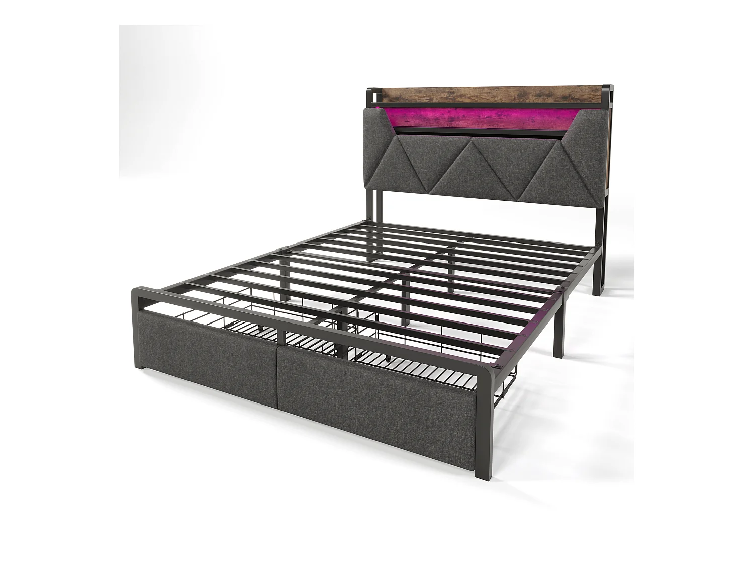 Lit adulte 140x200cm en lin avec LED + USB Type-C, éclairage, avec tiroirs de rangement, gris, sans matelas