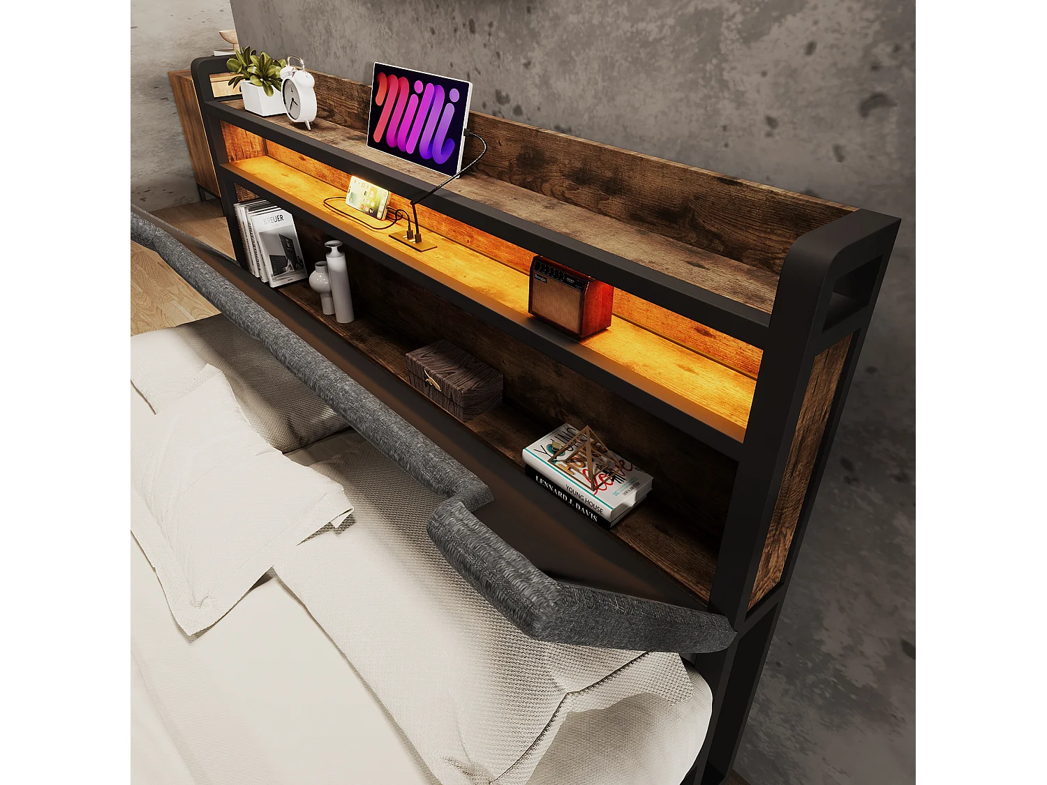 Lit adulte 140x200cm en lin avec LED + USB Type-C, éclairage, avec tiroirs de rangement, gris, sans matelas