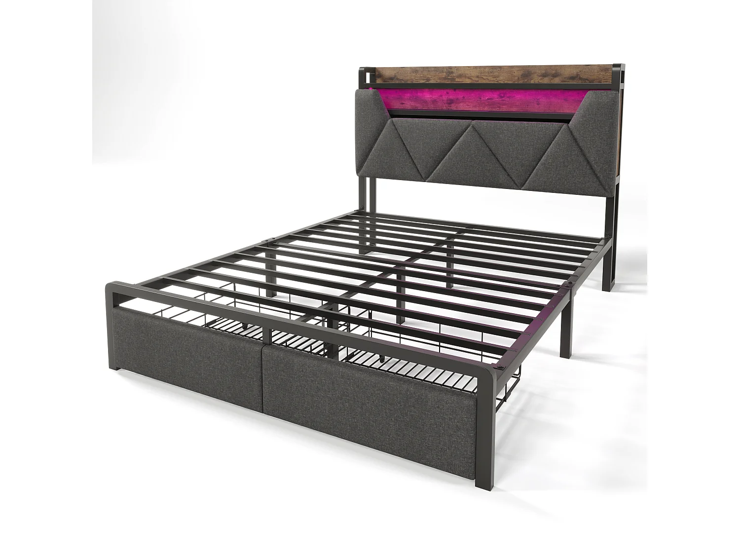 Lit adulte 140x200cm en lin avec LED + USB Type-C, éclairage, avec tiroirs de rangement, gris, sans matelas