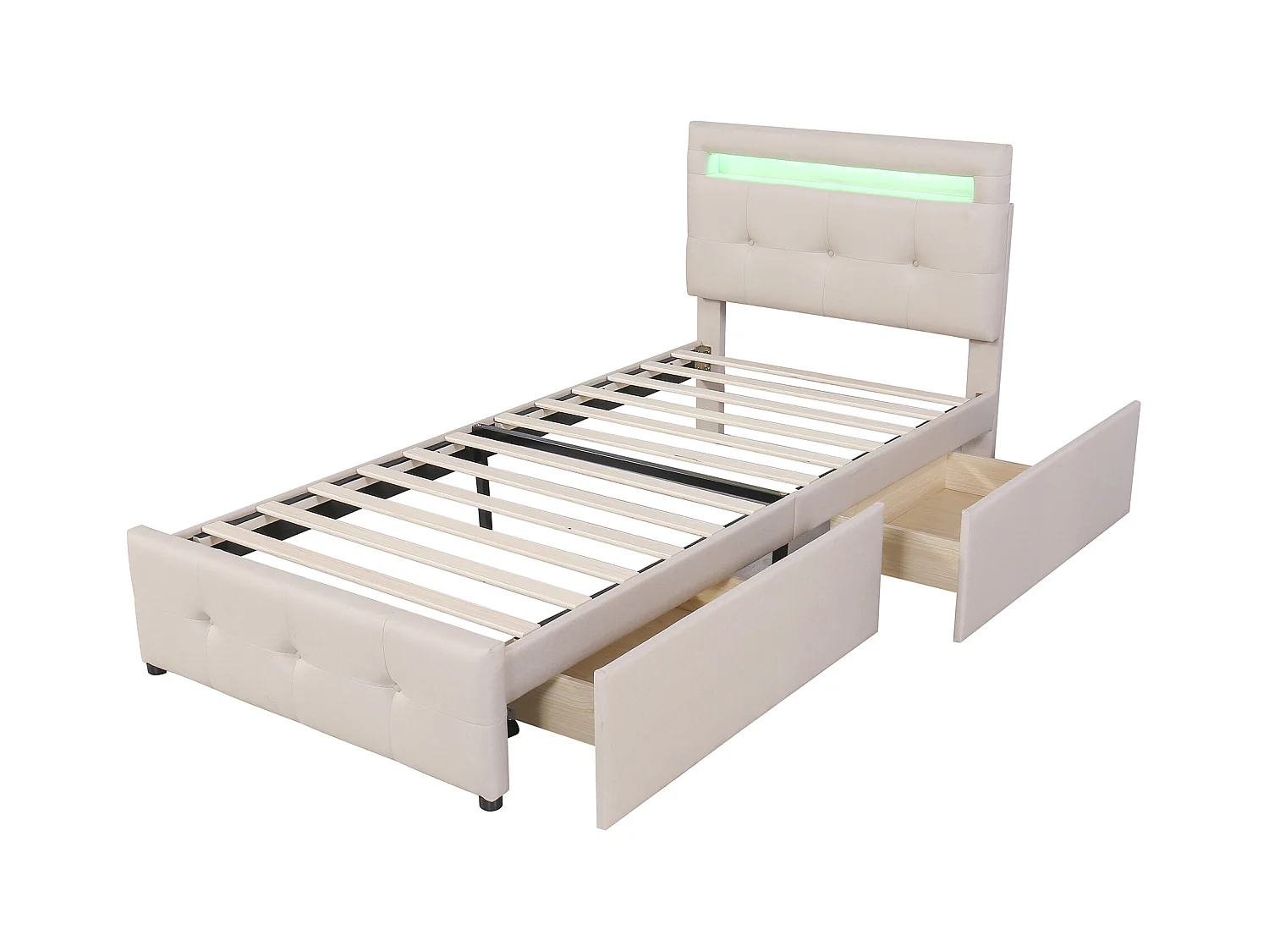 Lit enfant 90x200 cm en lin avec 2 tiroirs de rangement et LED, beige, Sommier à lattes, sans matelas
