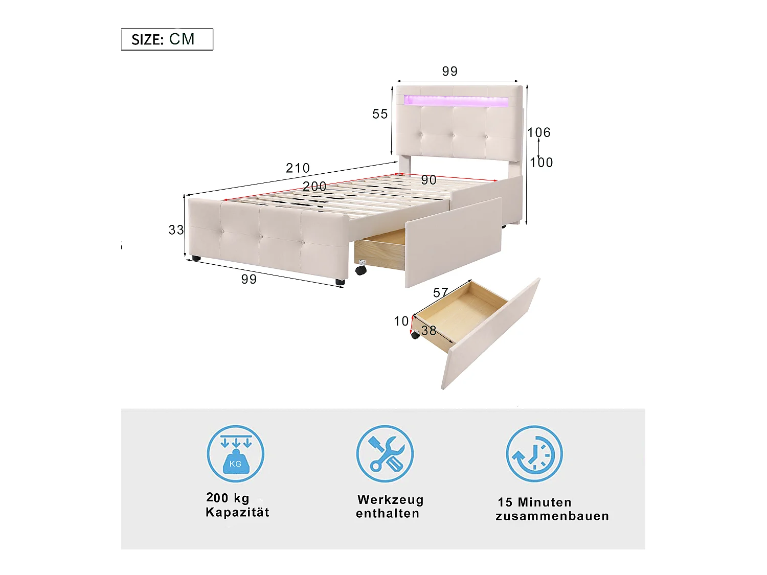 Lit enfant 90x200 cm en lin avec 2 tiroirs de rangement et LED, beige, Sommier à lattes, sans matelas