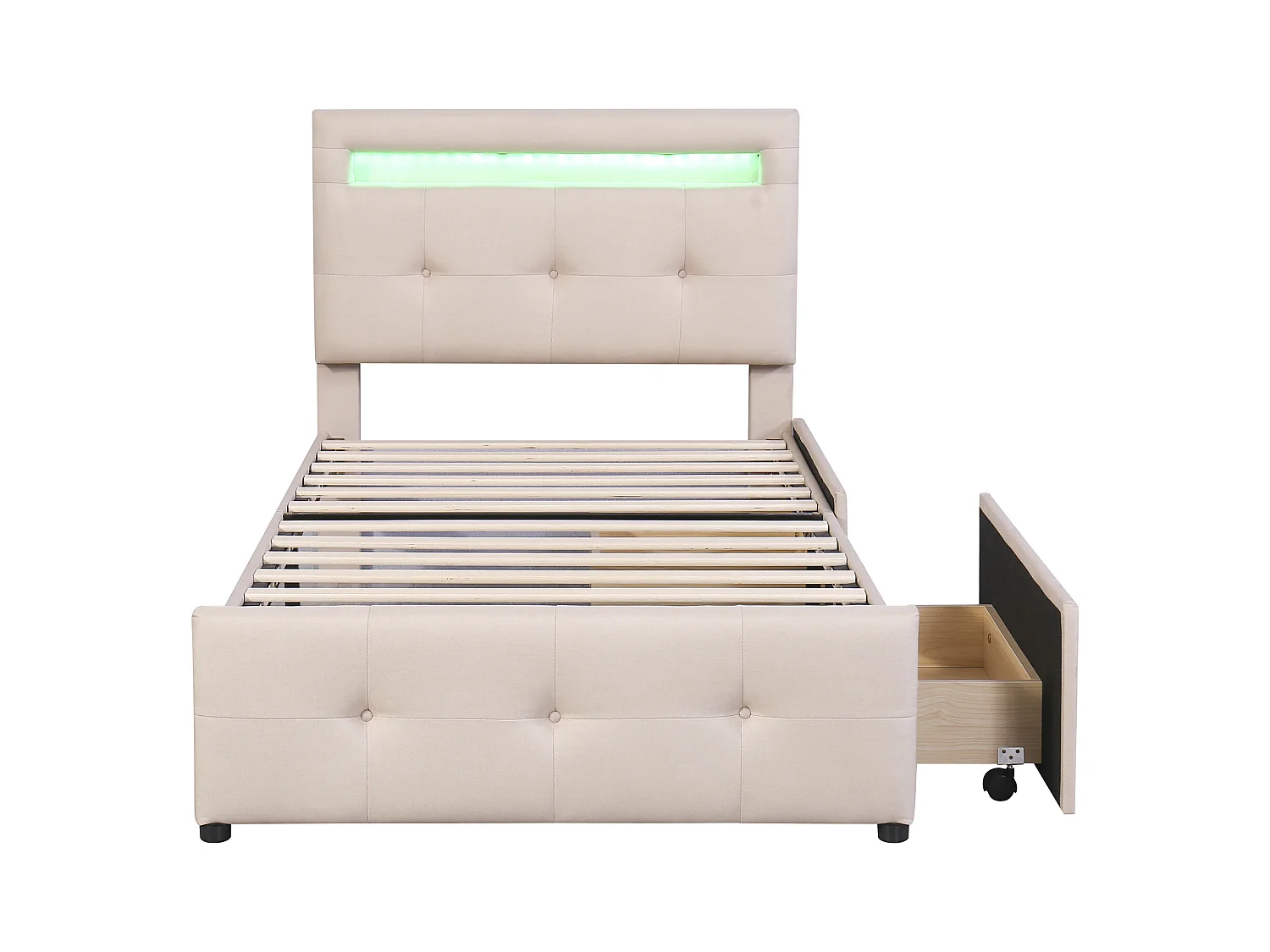 Lit enfant 90x200 cm en lin avec 2 tiroirs de rangement et LED, beige, Sommier à lattes, sans matelas