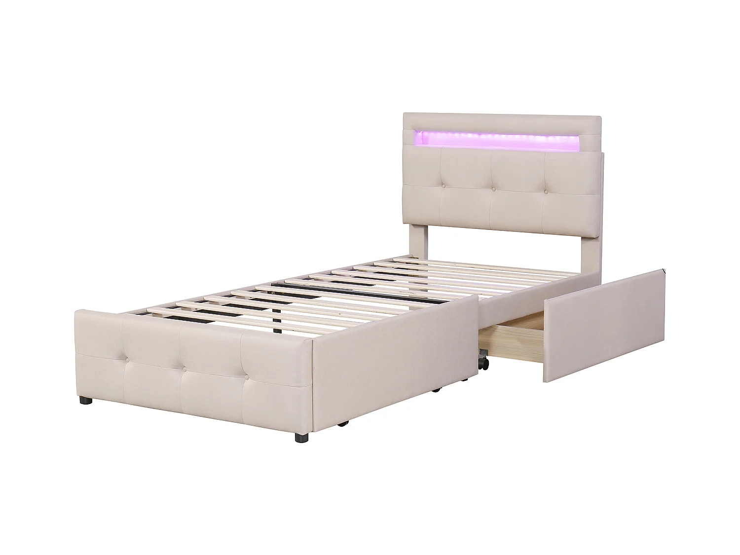 Lit enfant 90x200 cm en lin avec 2 tiroirs de rangement et LED, beige, Sommier à lattes, sans matelas
