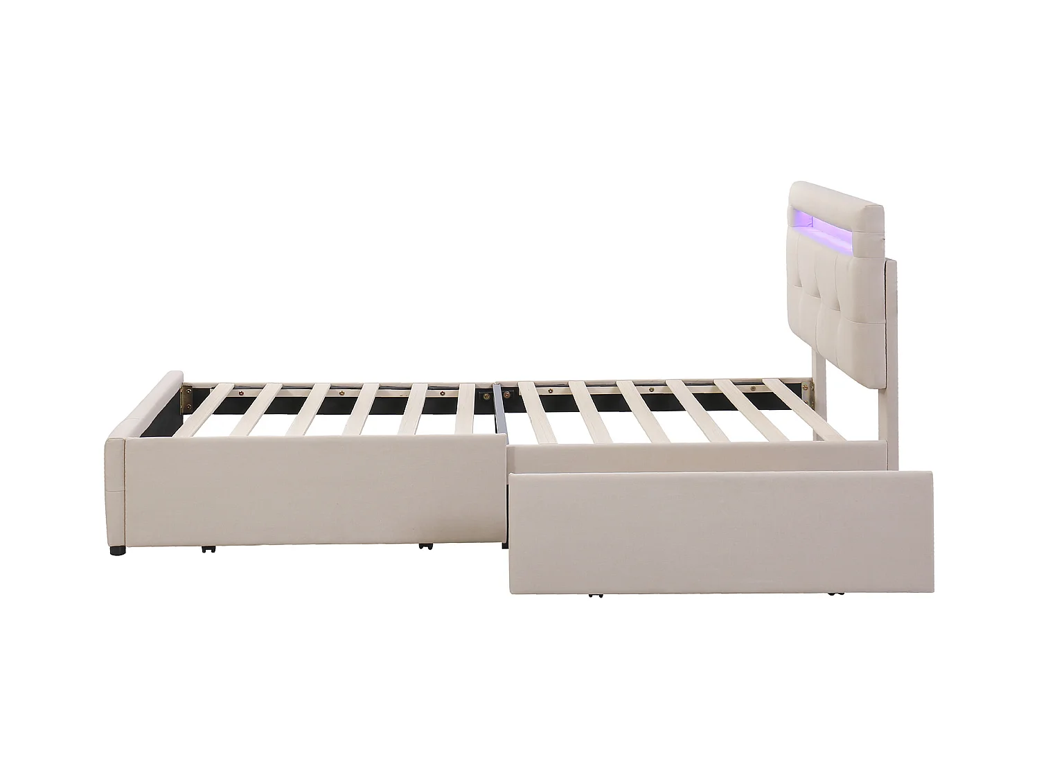 Lit enfant 90x200 cm en lin avec 2 tiroirs de rangement et LED, beige, Sommier à lattes, sans matelas