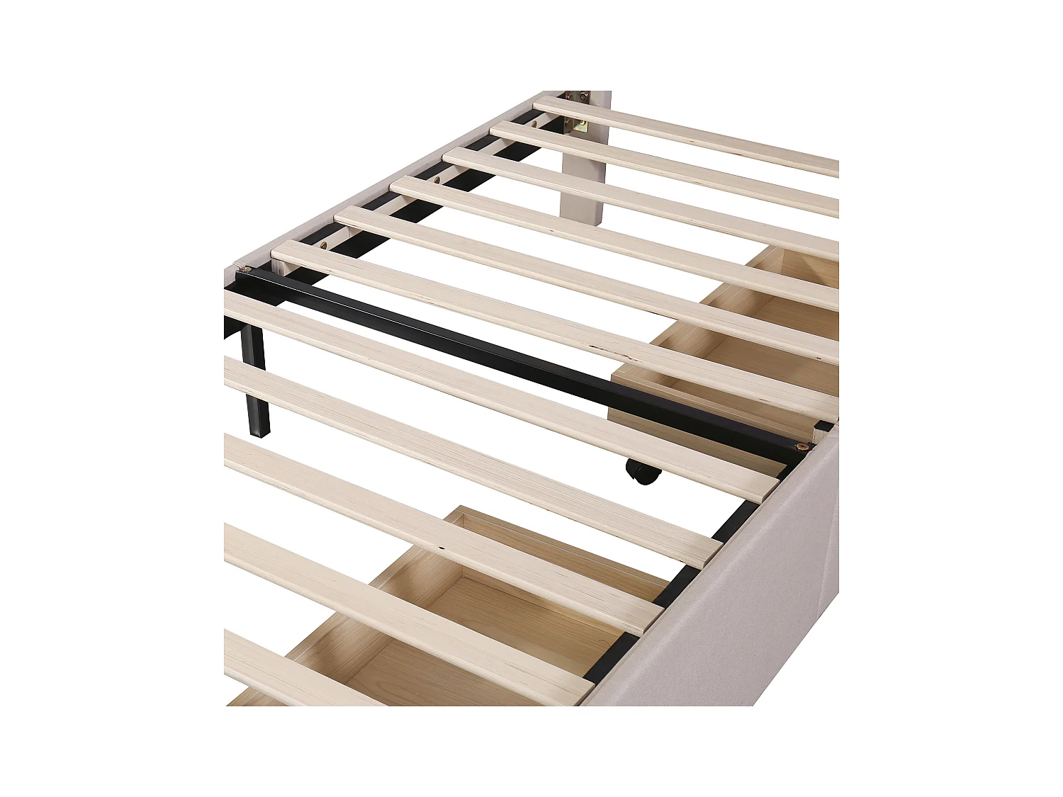 Lit enfant 90x200 cm en lin avec 2 tiroirs de rangement et LED, beige, Sommier à lattes, sans matelas