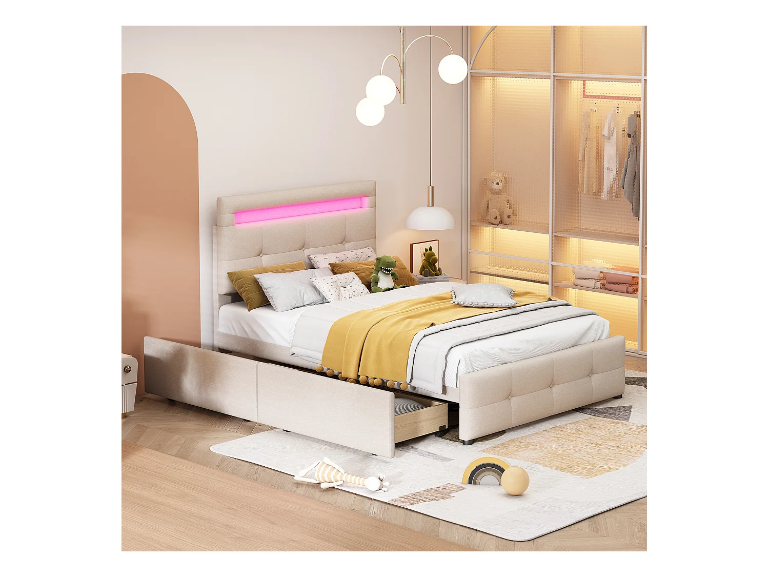 Lit enfant 90x200 cm en lin avec 2 tiroirs de rangement et LED, beige, Sommier à lattes, sans matelas
