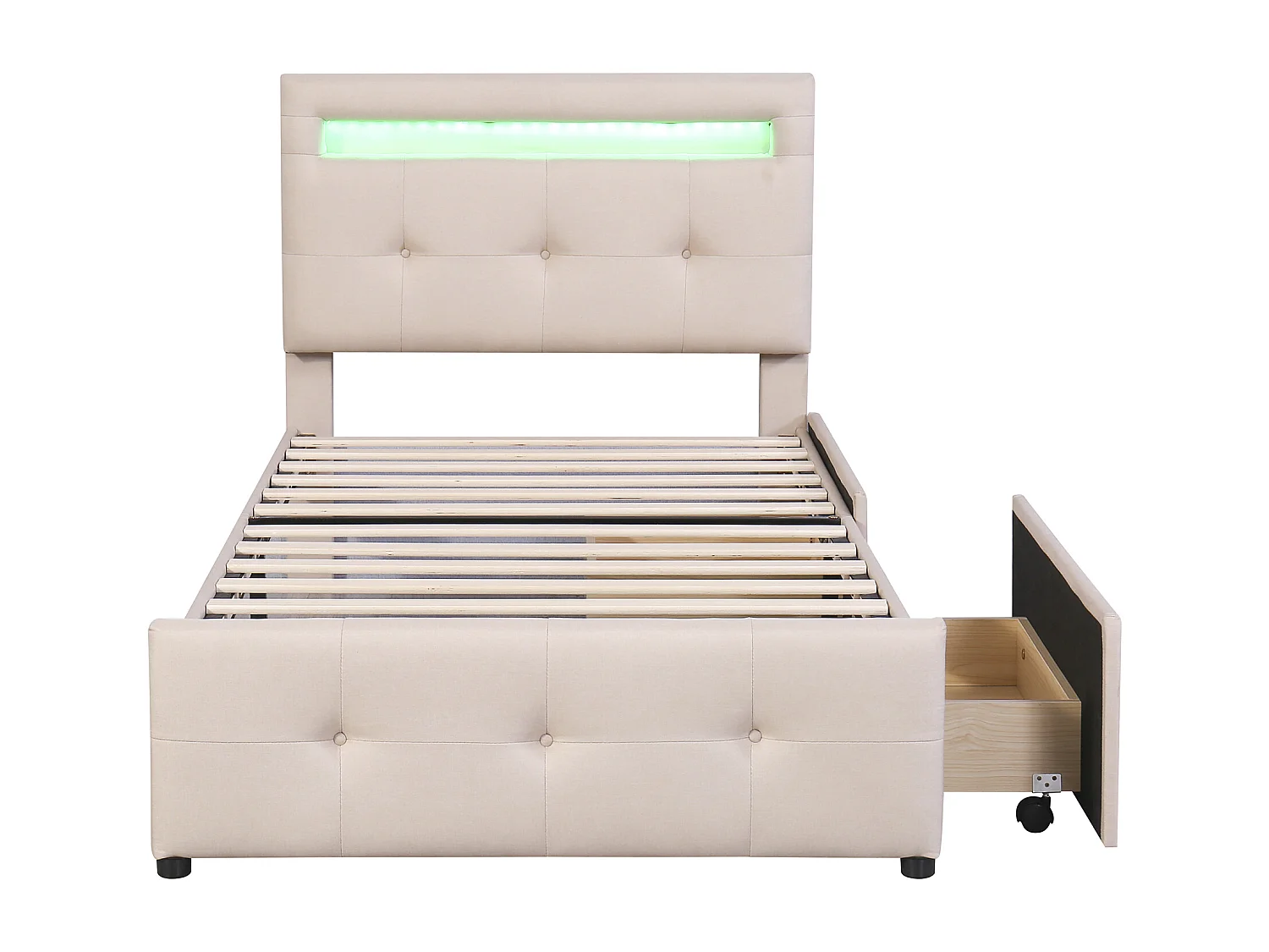 Lit enfant 90x200 cm en lin avec 2 tiroirs de rangement et LED, beige, Sommier à lattes, sans matelas