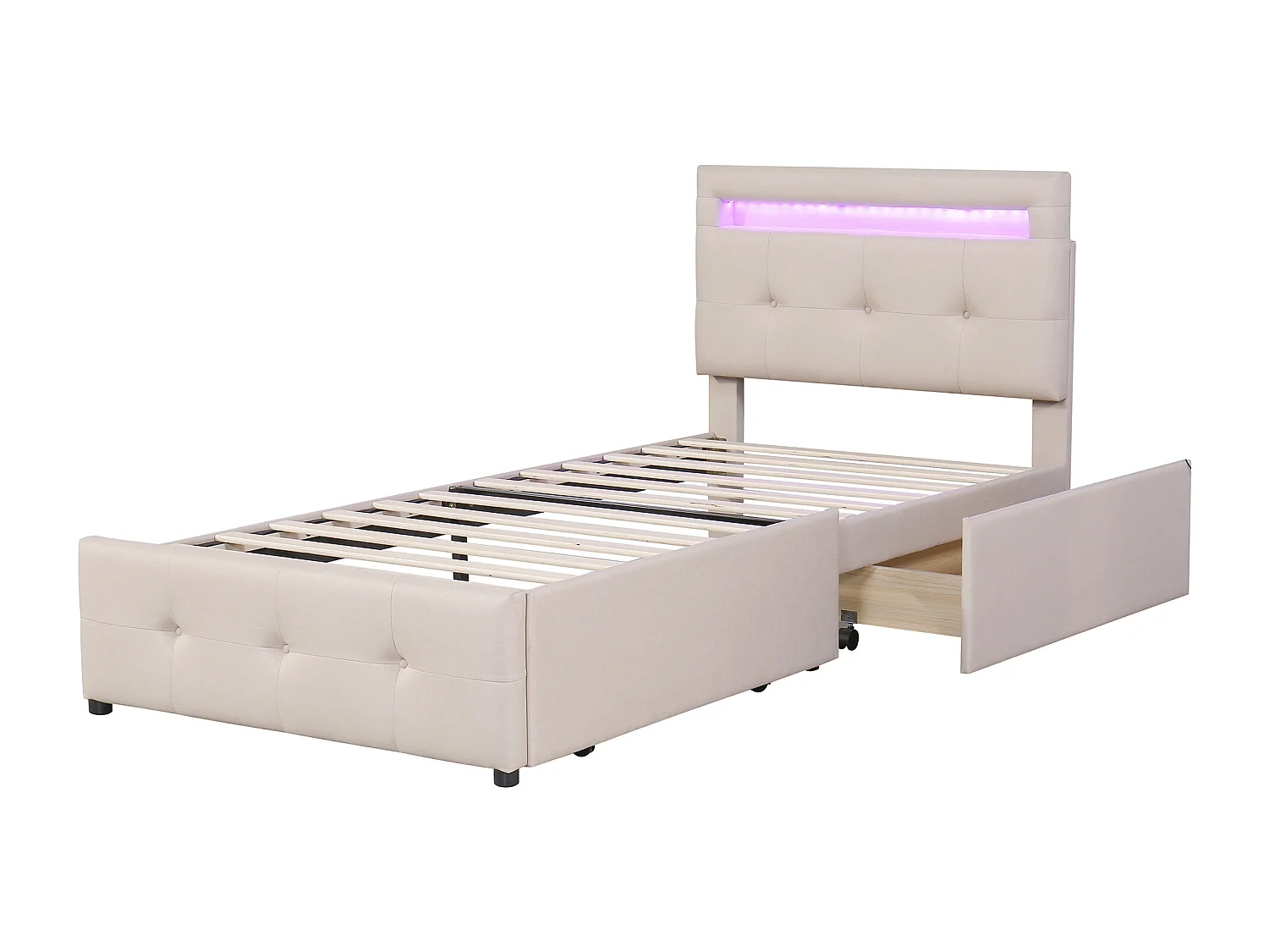 Lit enfant 90x200 cm en lin avec 2 tiroirs de rangement et LED, beige, Sommier à lattes, sans matelas