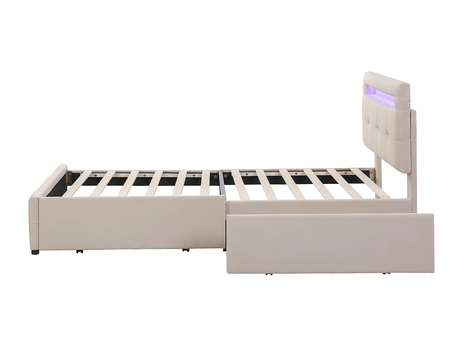 Lit enfant 90x200 cm en lin avec 2 tiroirs de rangement et LED, beige, Sommier à lattes, sans matelas