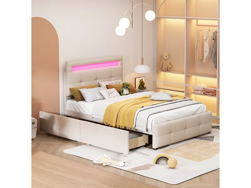 Cama infantil 90x200 cm en lino beige con 2 cajones de almacenamiento y luces LED, con somier de láminas, sin colchón