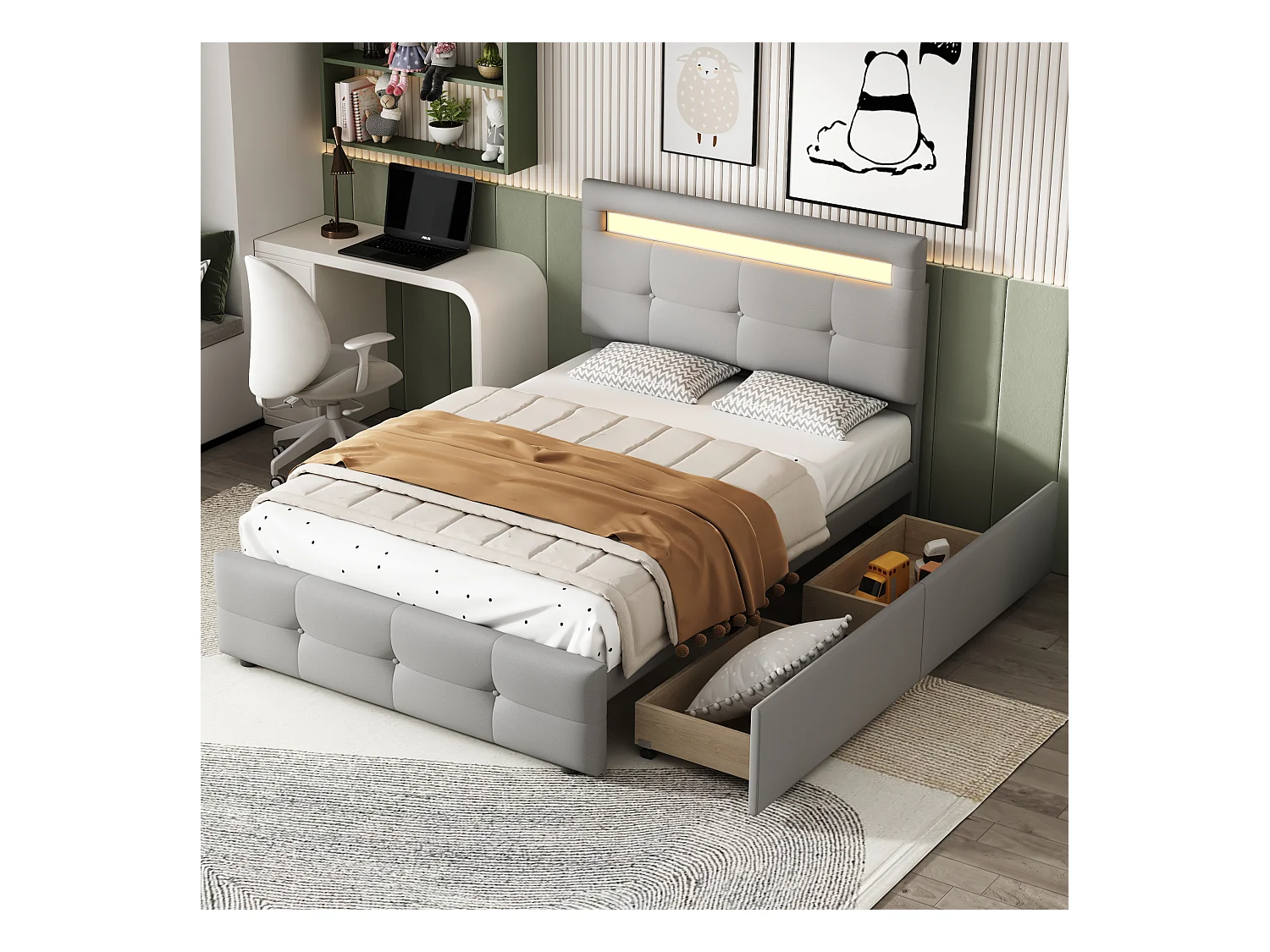 Lit enfant 90x200 cm en lin avec 2 tiroirs de rangement et LED, gris, Sommier à lattes, sans matelas