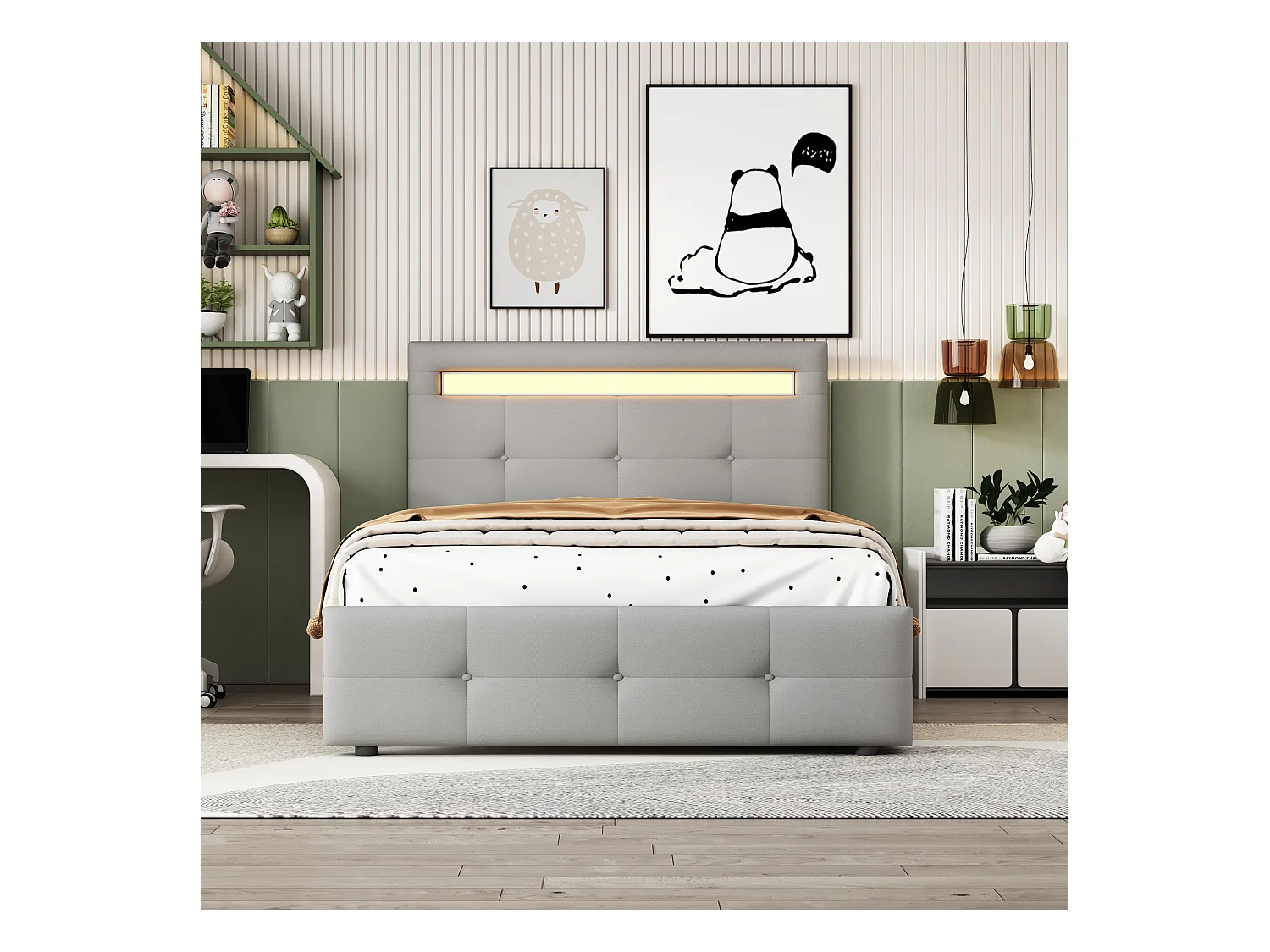 Lit enfant 90x200 cm en lin avec 2 tiroirs de rangement et LED, gris, Sommier à lattes, sans matelas