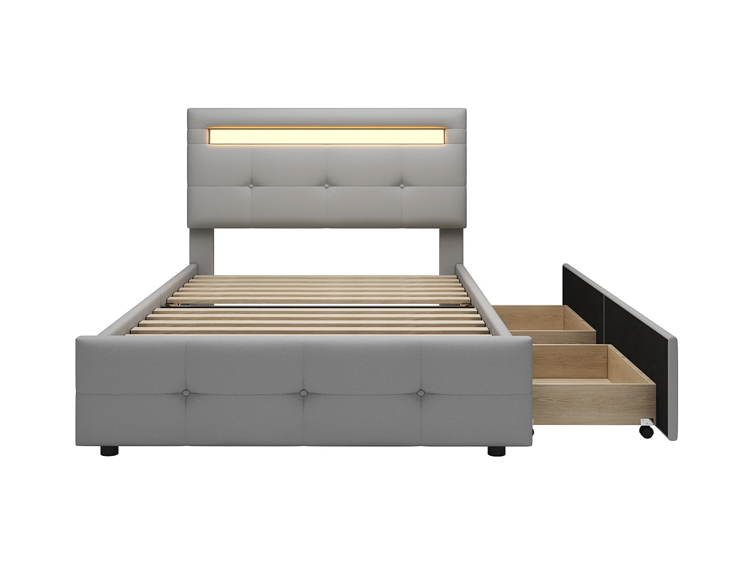 Lit enfant 90x200 cm en lin avec 2 tiroirs de rangement et LED, gris, Sommier à lattes, sans matelas