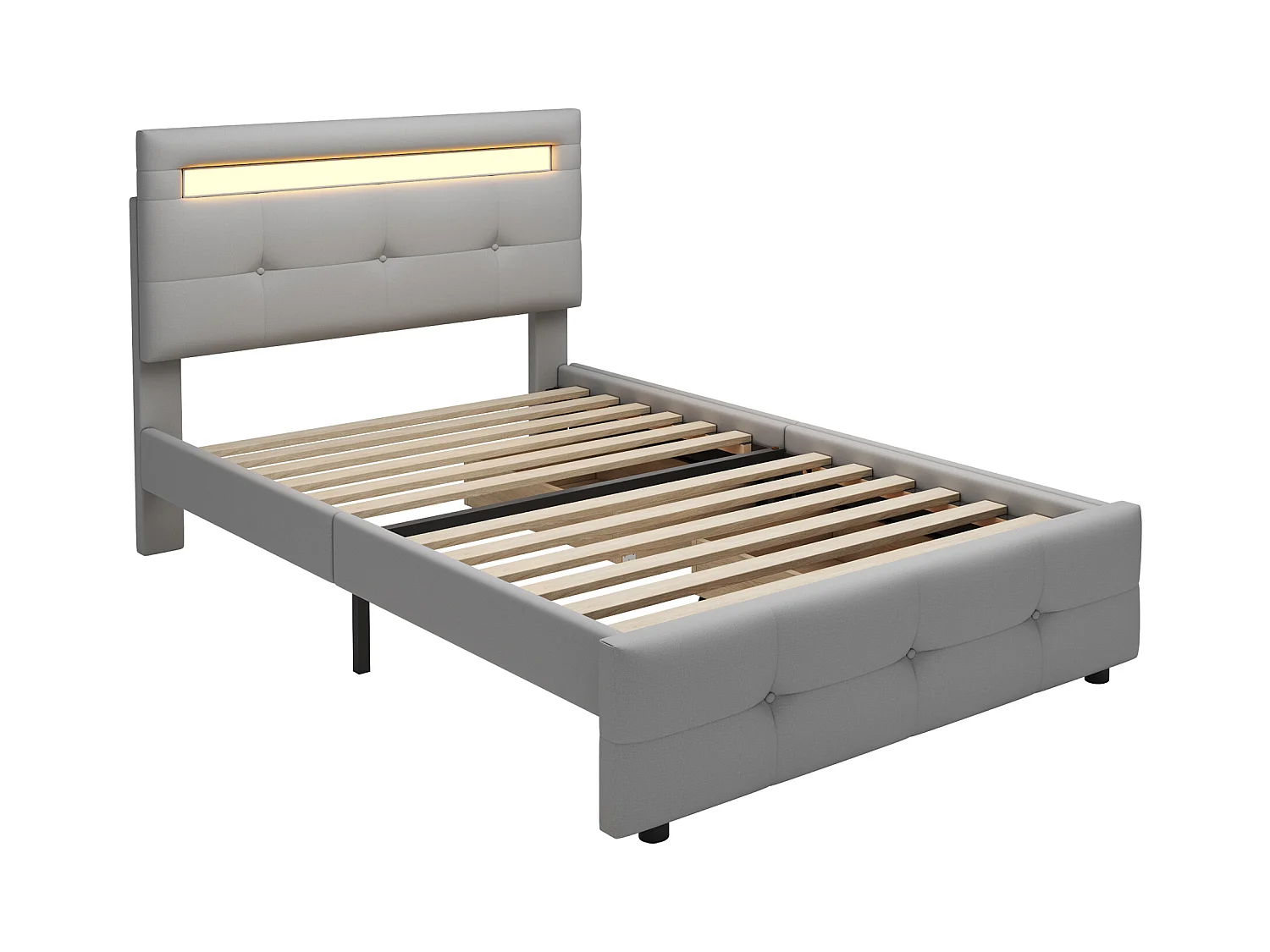 Lit enfant 90x200 cm en lin avec 2 tiroirs de rangement et LED, gris, Sommier à lattes, sans matelas