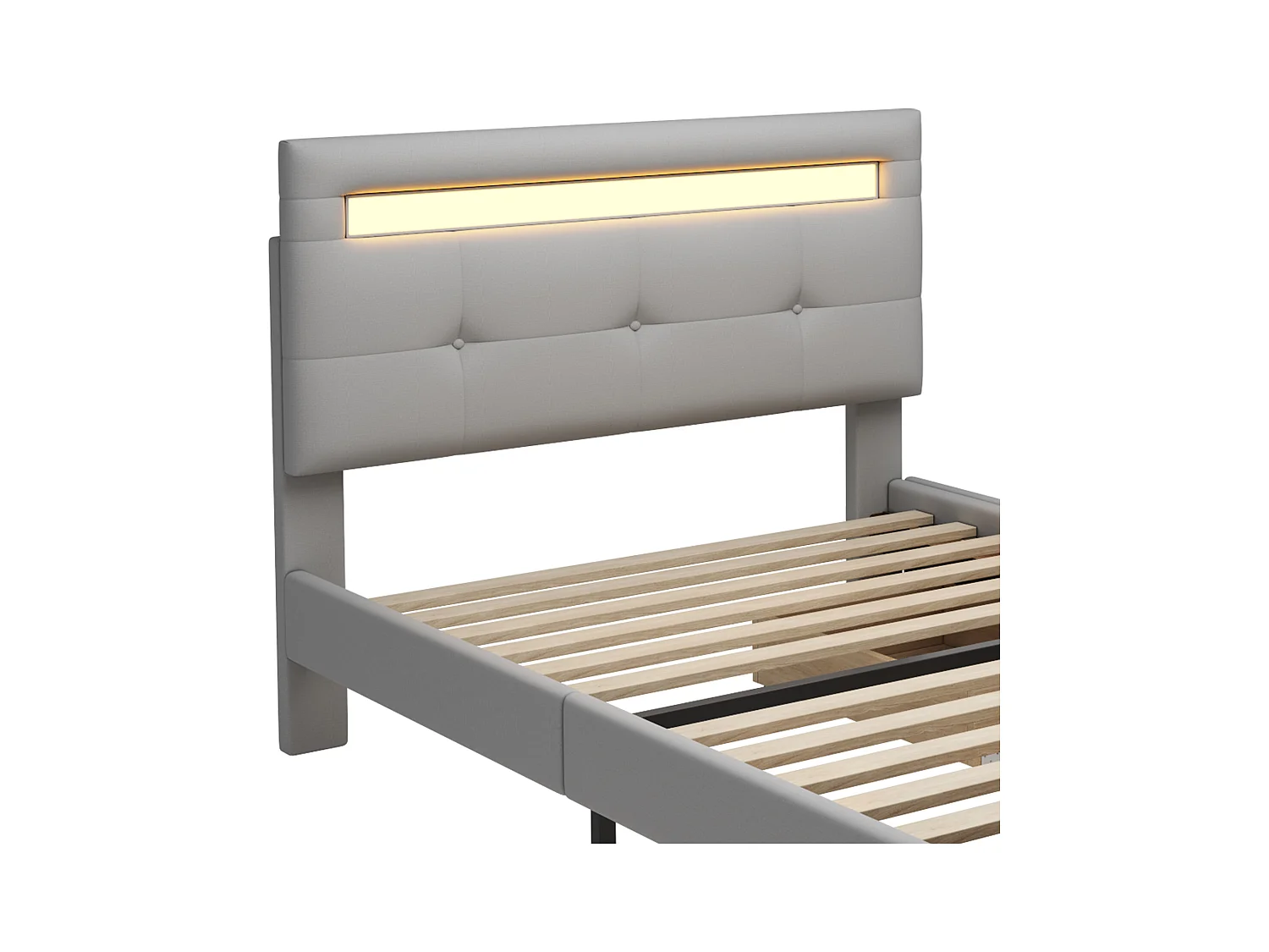 Lit enfant 90x200 cm en lin avec 2 tiroirs de rangement et LED, gris, Sommier à lattes, sans matelas