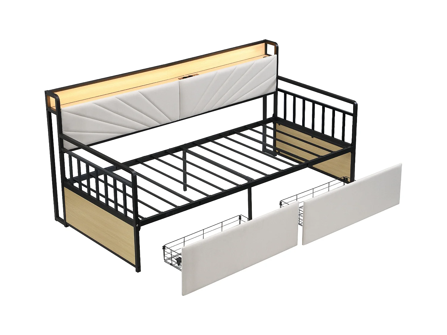 Canapé-lit adulte 90x200cm avec 2 tiroirs, lit avec LED et USB Type-C,structure en fer, beige,sans matelas
