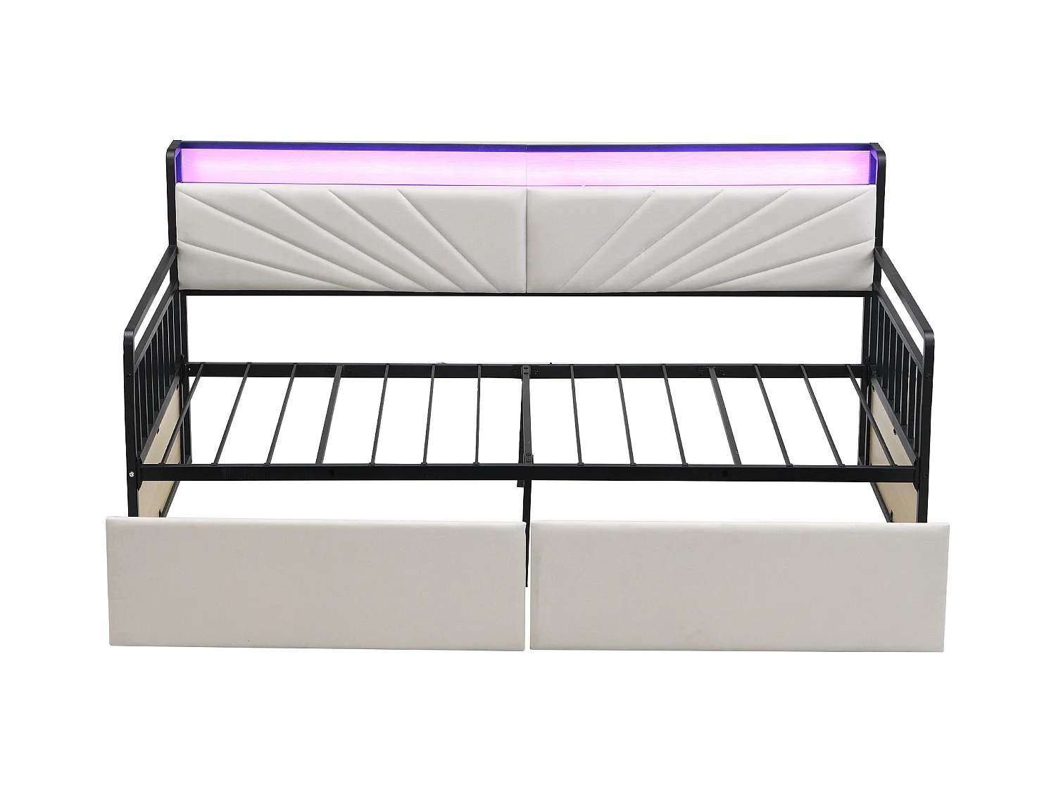 Canapé-lit adulte 90x200cm avec 2 tiroirs, lit avec LED et USB Type-C,structure en fer, beige,sans matelas