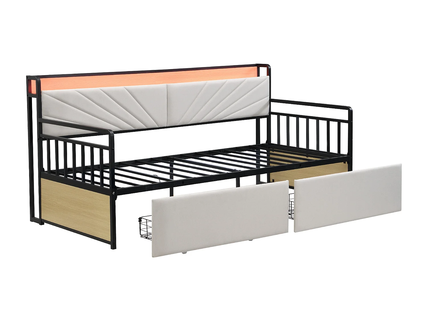 Canapé-lit adulte 90x200cm avec 2 tiroirs, lit avec LED et USB Type-C,structure en fer, beige,sans matelas