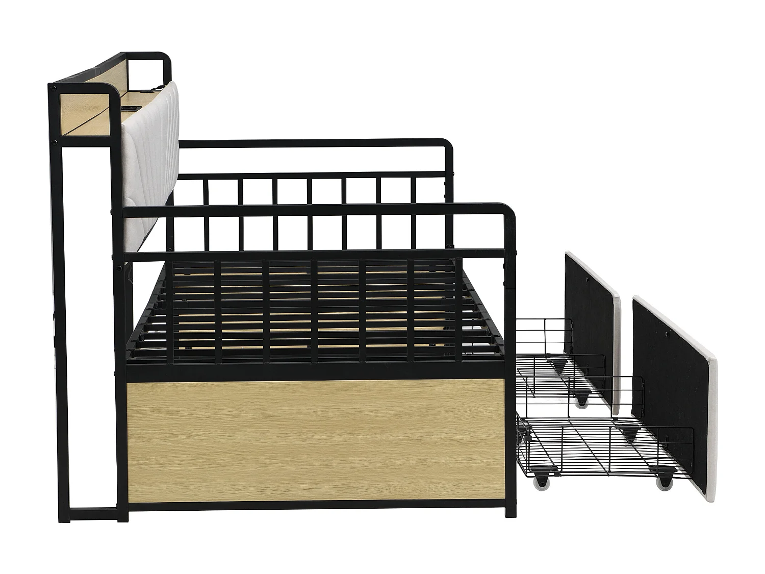 Canapé-lit adulte 90x200cm avec 2 tiroirs, lit avec LED et USB Type-C,structure en fer, beige,sans matelas