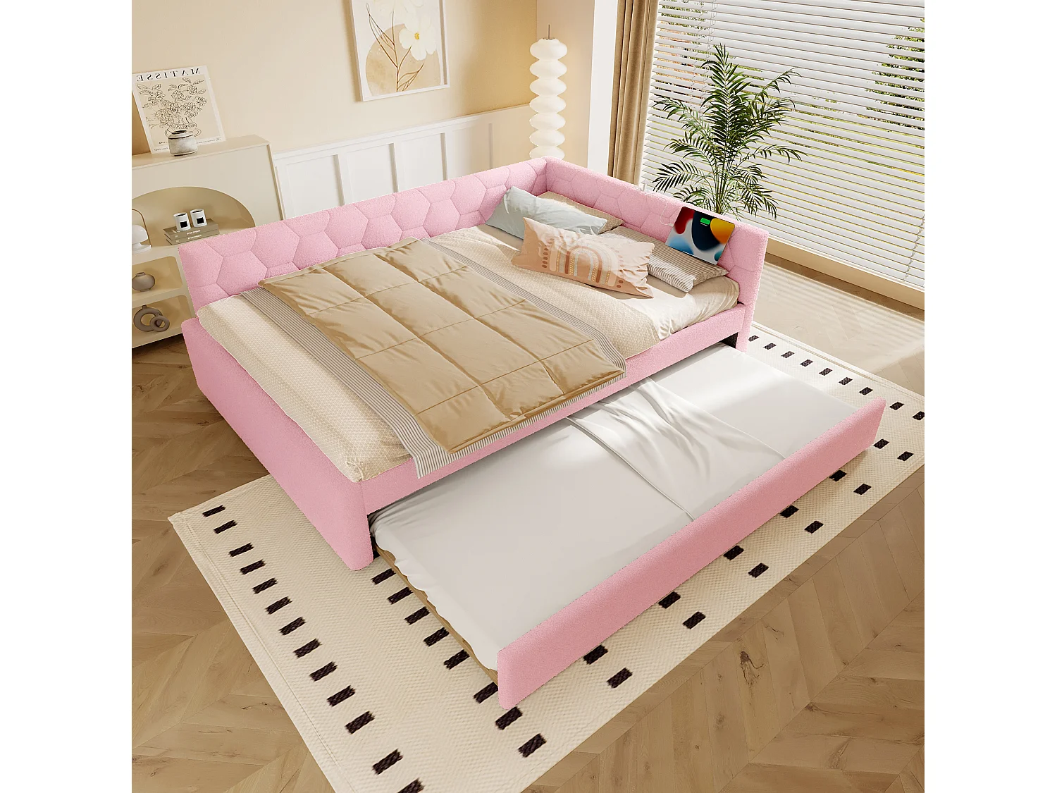 Canapé-lit enfant 140x200cm avec lit gigogne 80x180 cm, imitation laine, rose, sans matelas