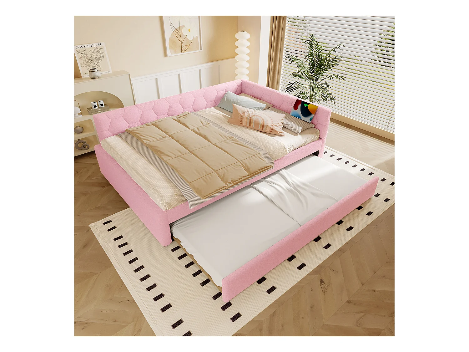 Canapé-lit enfant 140x200cm avec lit gigogne 80x180 cm, imitation laine, rose, sans matelas