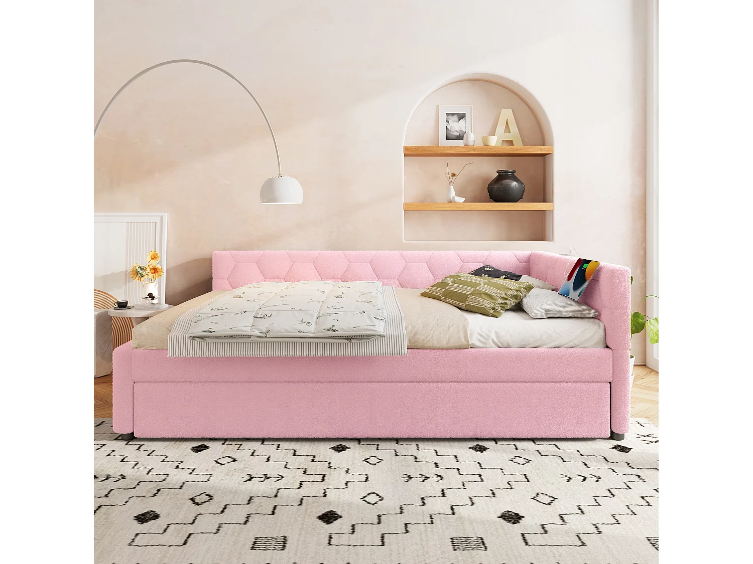 Sofá-cama infantil 140x200cm com cama auxiliar 80x180cm, veludo rosa, sem colchão
