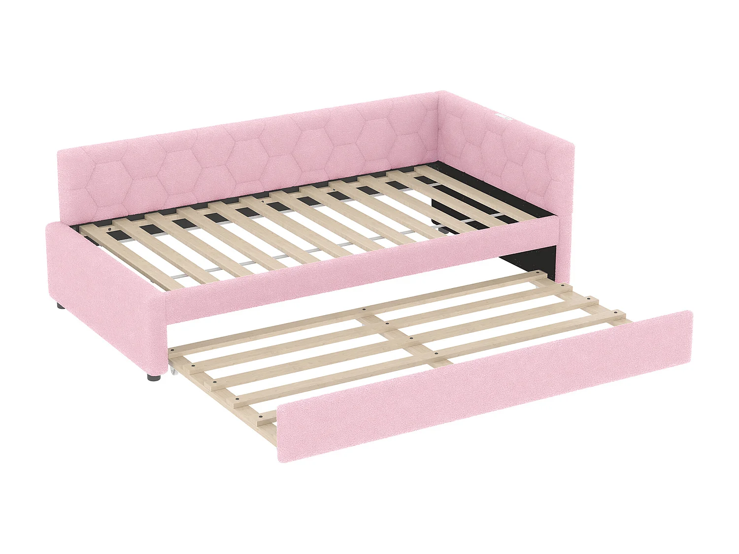 Sofá-cama infantil 90x200cm com cama auxiliar 80x180cm, veludo rosa, sem colchão