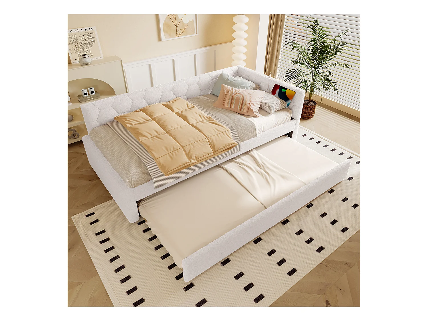 Canapé-lit enfant 90x200cm avec lit gigogne 80x180 cm, imitation laine, blanc, sans matelas