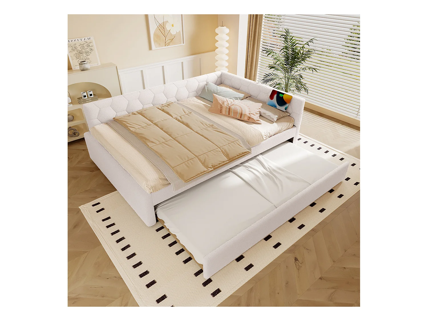 Sofá cama infantil 140x200 cm con cama nido 80x180 cm, terciopelo blanco, sin colchón
