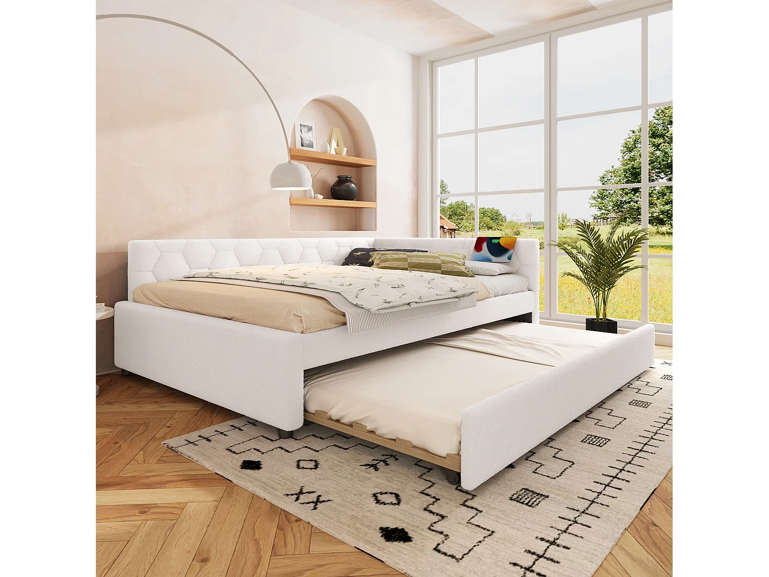 Sofá-cama infantil 140x200cm com cama auxiliar 80x180cm, veludo branco, sem colchão