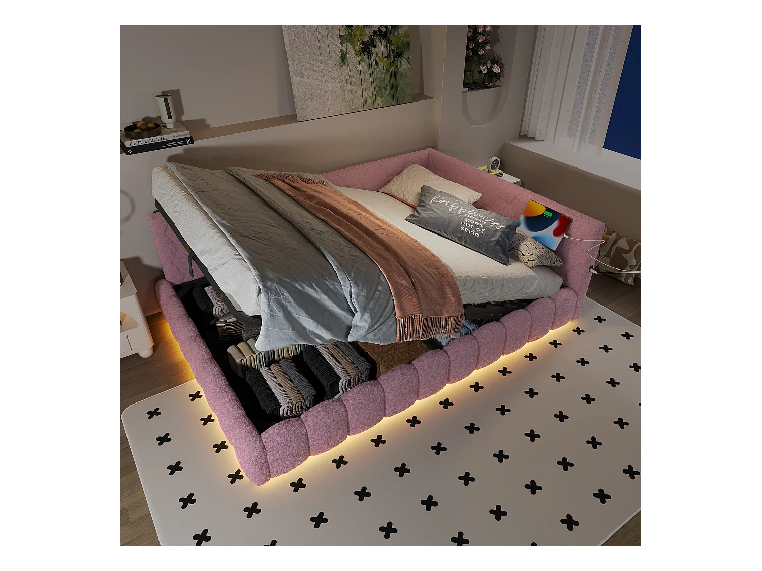 Kinderbed 140x200 cm met LED en USB Type-C, slaapbank van fluweel, grijs, zonder matras