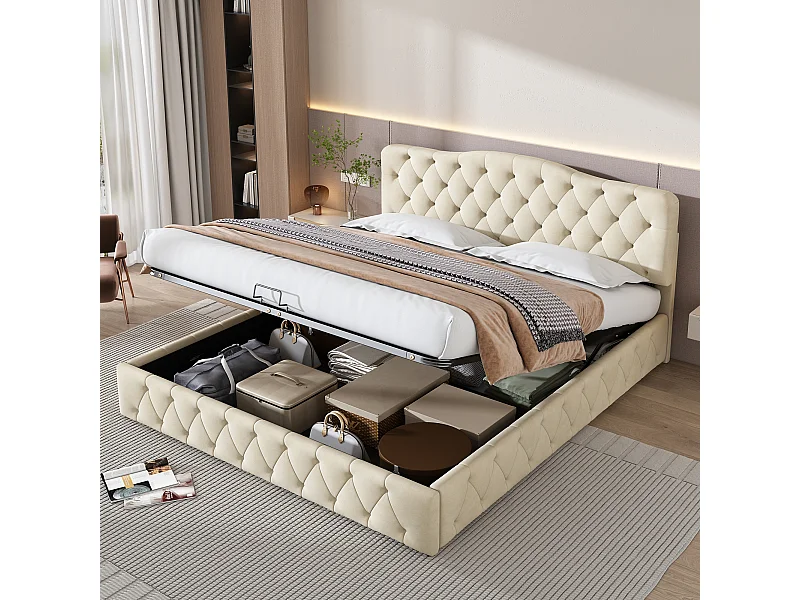 lit coffre adulte 180x200cm beige en velour, tête de lit réglable en hauteur, sans matelas