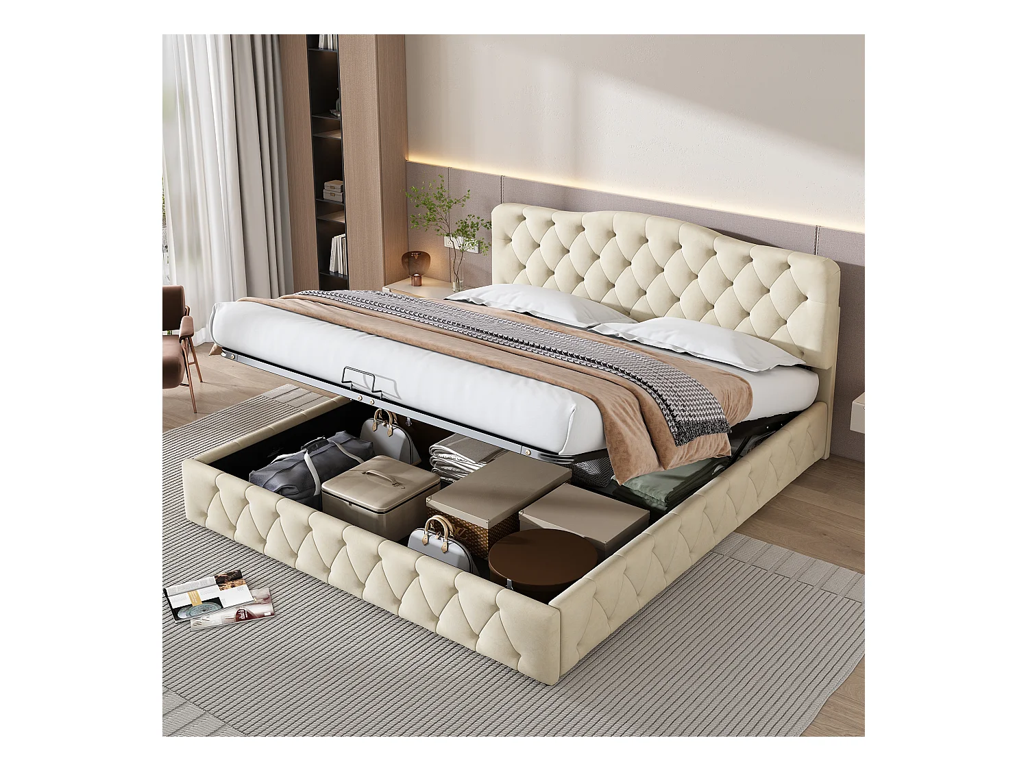lit coffre adulte 180x200cm beige en velour, tête de lit réglable en hauteur, sans matelas