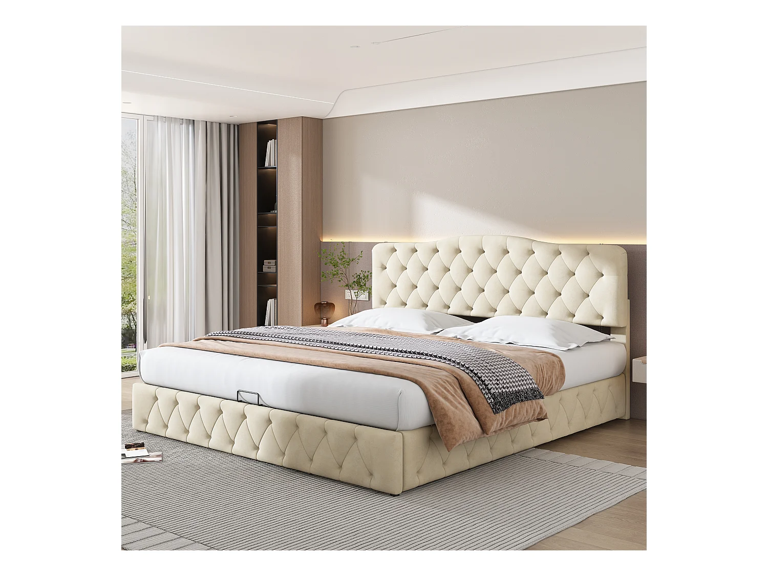 lit coffre adulte 180x200cm beige en velour, tête de lit réglable en hauteur, sans matelas